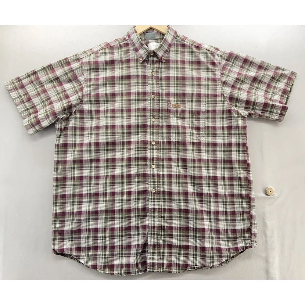 Carhartt Mens Western Button Up Shirt XL Short Sleeve Plaid Burgandy Green White